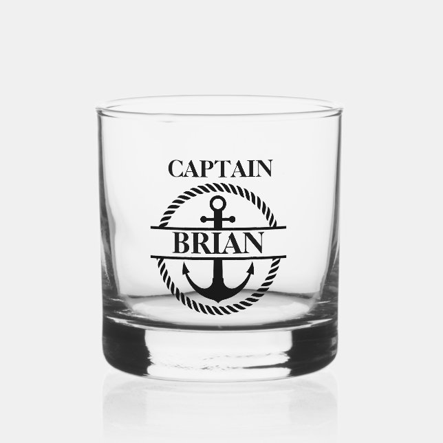 Custom Captain Split Anchor Boating Whiskey Glass (Front)