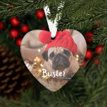 Custom Caption Pet Photo Ornament<br><div class="desc">Customise this sweet heart-shaped ornament with two treasured photos of your furry friend. Your custom captions appear on the front and back in white hand lettered style brush typography. Shown with pet's name and the year.</div>