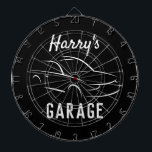 Custom car garage mancave dart board<br><div class="desc">Custom car garage mancave dart board gift. Cool automotive design with personalised name and background colour. Christmas or Birthday gift idea for husband, dad, boyfriend, grandpa, boss, coworker, taxi driver, race driver, boy, kids etc. Trendy home decor time clock for mechanic, auto repair shop, garage, man cave etc. Upload your...</div>