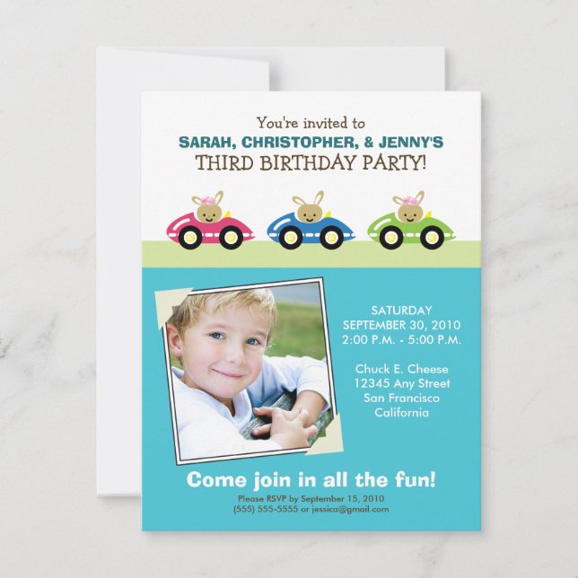 :custom: Car Trio Aqua Birthday Party Invitation (Front)