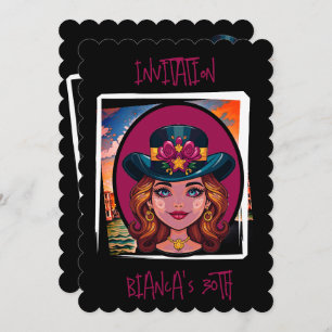Custom Caricature woman with hat 30th Birthday Invitation