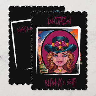 Custom Caricature woman with hat 30th Birthday Invitation