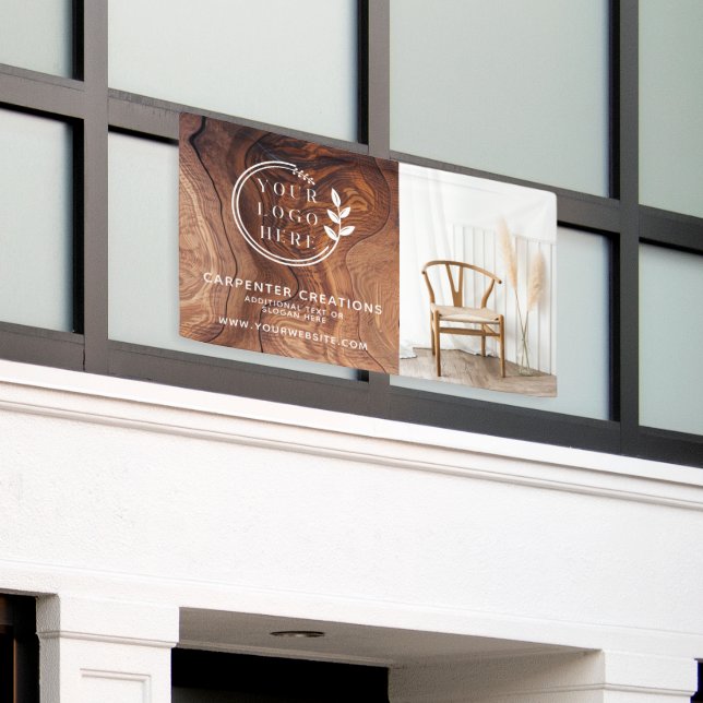 Custom Carpentry Logo Photo Woodgrain Banner (Outside Building)