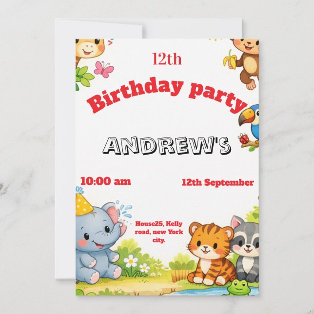 Custom Cartoon Animal Birthday Invitation  (Front)