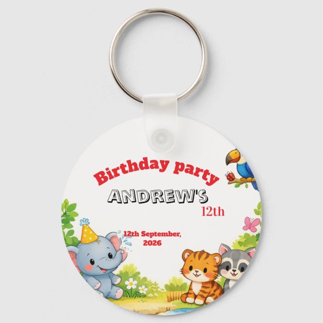 Custom Cartoon Animal Birthday Invitation  Key Ring (Front)