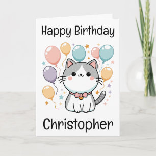 Custom Cartoon Cat And Colourful Birthday Card
