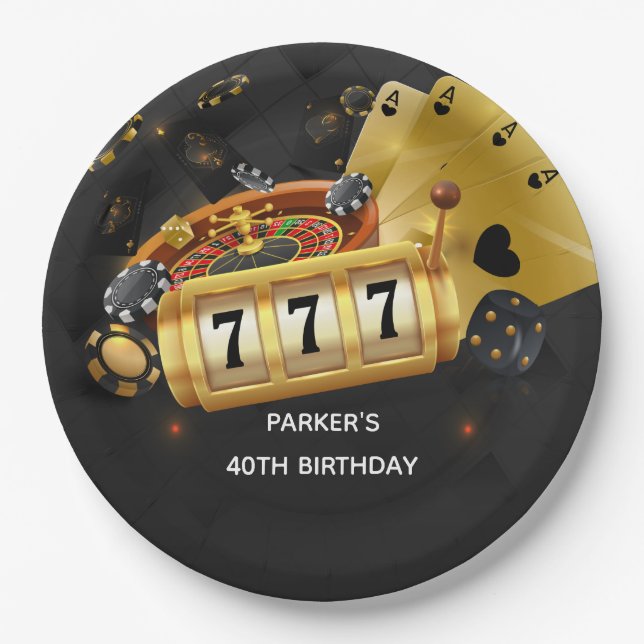 Custom Casino Night Party Black Gold Paper Plate (Front)