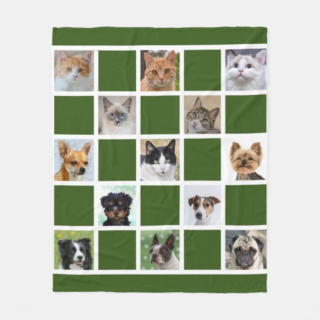 Custom Cat and Dog Photos on Forest Green Fleece Blanket (Front)