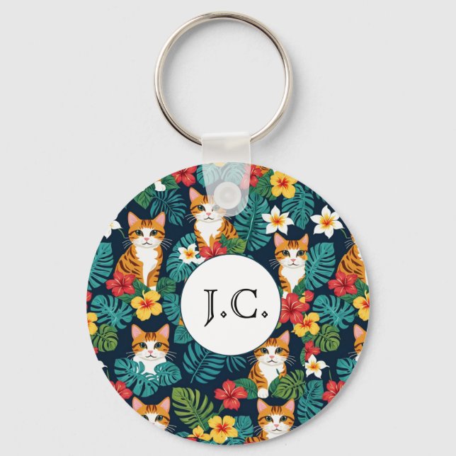 custom Cat Hawaiian style pattern tropical ginger Key Ring (Front)