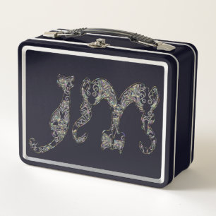 Custom Cat Monogram Font Metallic Pearl Abalone Metal Lunch Box