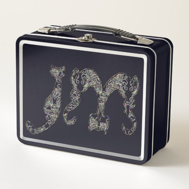 Custom Cat Monogram Font Metallic Pearl Abalone Metal Lunch Box (Front)