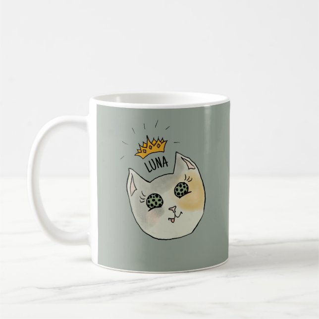 Custom Cat Name Art - Chubby White Cat with Crown Coffee Mug (Left)