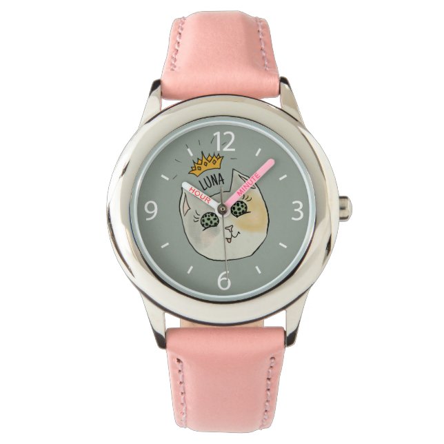 Custom Cat Name Art - Chubby White Cat with Crown Watch (Front)