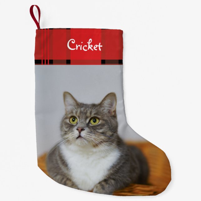 Custom Cat Pet Red Flannel Holiday Small Christmas Stocking (Front)