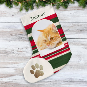 Custom Cat Photo and Name Red Green Striped Small Christmas Stocking
