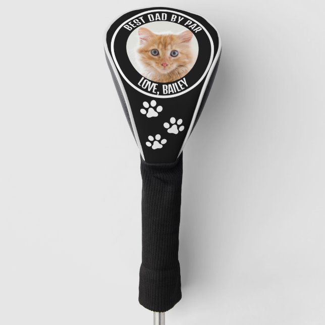 Custom Cat Photo Best Dad By Par Black White Golf Head Cover (Front)