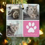 Custom Cat Photo Collage Pretty Pink Double Sided Ceramic Ornament<br><div class="desc">This beautiful cat photo Christmas ornament is personalized with adorable pictures of your sweet girl kitty. Customize this chic gift with your own custom feline photographs around a pretty pink square with a cute white paw print and your kitten's name in the center. Add your favorite full photograph on the...</div>