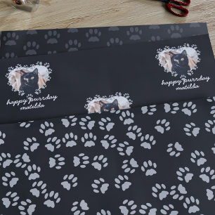 Custom Cat Photo Paw Print Pet Birthday Black Wrapping Paper Sheet