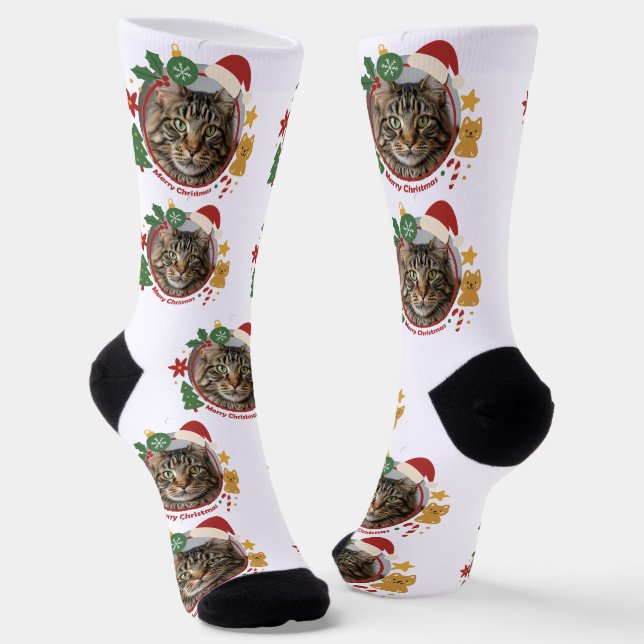 Custom Cat PhotoPattern Christmas Gift Socks  (Angled)