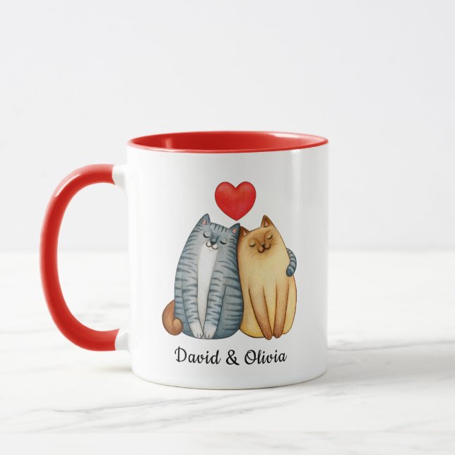 Custom Cats Couple Names Red Personalised Mug (Left)