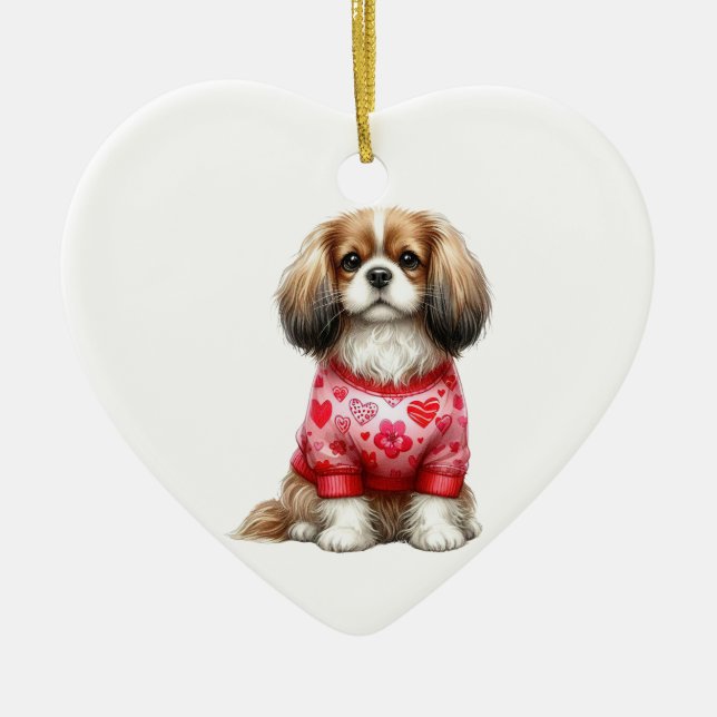 Custom Cavalier King Charles Spaniel Dog Valentine Ceramic Tree Decoration (Front)