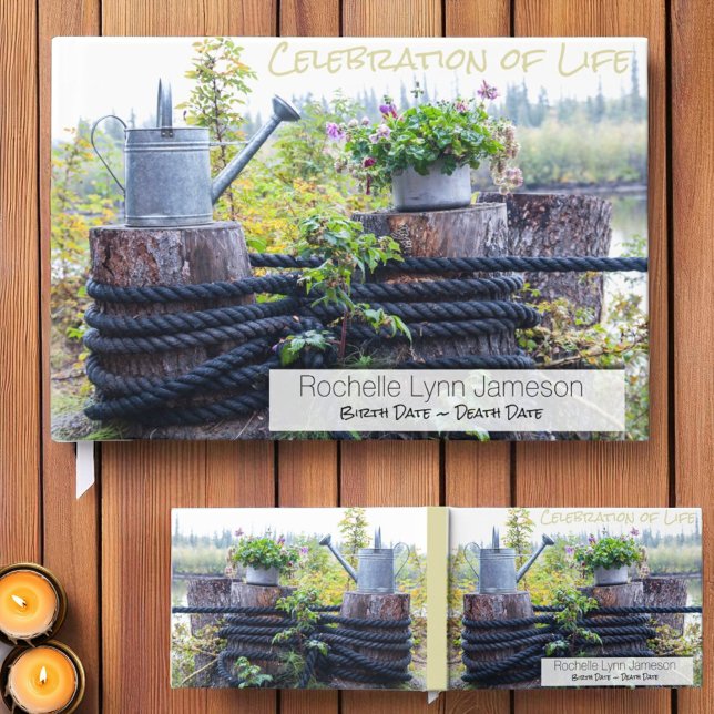 Custom Celebration of Life Watering Can Still Life Guest Book (Template cover guestbook and image back. )