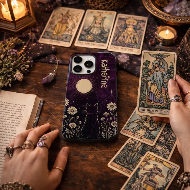 Custom Celestial Cat Floral Purple Case-Mate iPhone Case (Creator Uploaded)