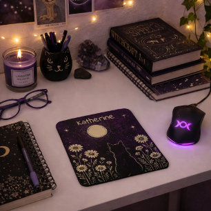 Custom Celestial Cat Floral Purple Mouse Pad