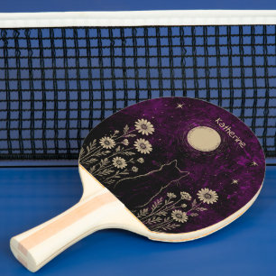 Custom Celestial Cat Floral Purple Ping Pong Paddle