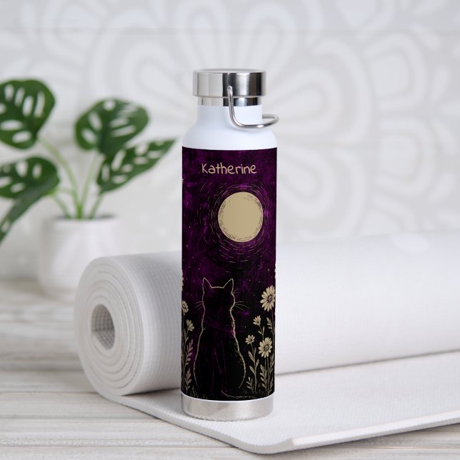 Custom Celestial Cat Floral Purple Water Bottle (Yoga (Rotated))