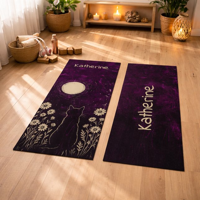 Custom Celestial Cat Floral Purple Yoga Mat (Creator Uploaded)