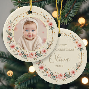 Custom Celestial Starry Baby First Christmas Photo Ceramic Tree Decoration
