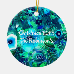 Custom Ceramic Ornament - Abstract Floral Teal 
