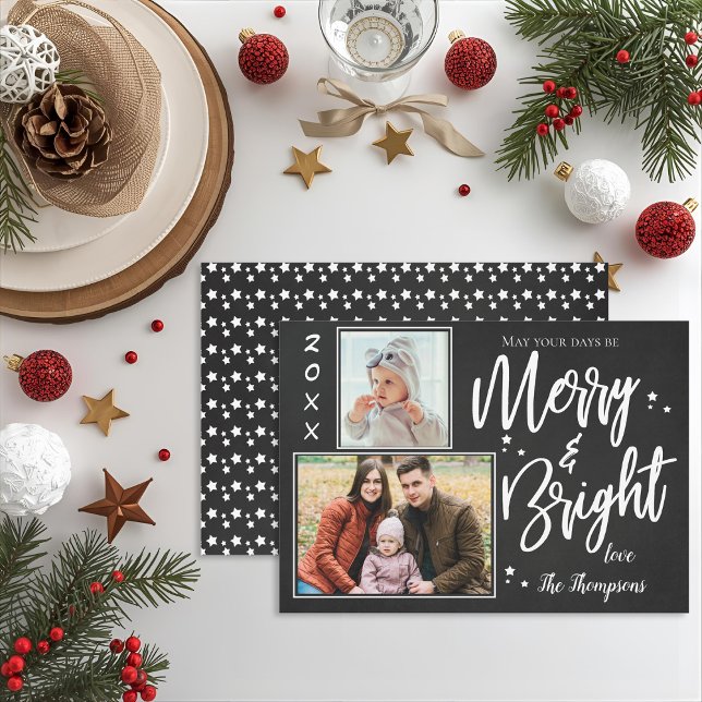 Custom Chalkboard MERRY and BRIGHT Multi Photo Holiday Card (Chalkboard Merry & Bright Multi-Photo Christmas Holiday Card)