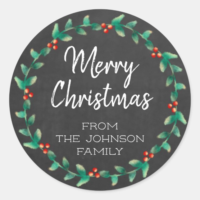 Custom Chalkboard Merry Christmas Holly Wreath Classic Round Sticker (Front)