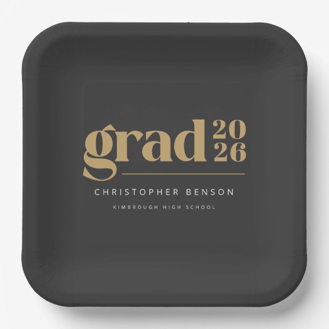 Custom Charcoal Gray Gold 2026 Graduation Paper Plate (Front)