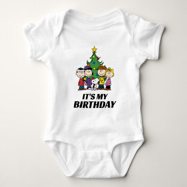 Custom Charlie Brown and Friends Winter Birthday Baby Bodysuit (Front)