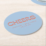 Custom Cheers Blue Terracotta Chic Modern Wedding Round Paper Coaster<br><div class="desc">A stylish and modern wedding coaster featuring a dusty blue background with bold retro typography in warm terracotta orange. Personalised with the couple’s names and wedding date,  this chic design adds a unique touch to wedding receptions,  engagement parties,  or anniversary celebrations. Perfect as a keepsake or favour for guests.</div>