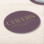 Custom Cheers Dark Purple Plum Gold Wedding Round Paper Coaster<br><div class="desc">These personalised coasters in dark purple plum with the word Cheers, bride and groom names, and wedding date in elegant gold typography are great for wedding receptions, couples showers, and anniversary parties. Background colour can be customised. Questions or need help with the colour change? Send me a message using the...</div>