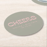 Custom Cheers Sage Green Pink Chic Modern Wedding Round Paper Coaster<br><div class="desc">A chic wedding coaster featuring a soft sage green background with vintage-inspired typography in blush pink. Customisable with names and a date,  this elegant design is perfect for wedding receptions,  bridal showers,  or anniversary celebrations. A stylish favour or keepsake for guests to remember the special day.</div>