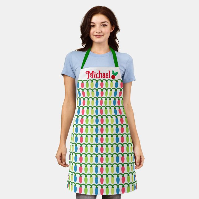 Custom Chef Name Christmas Lights Design Apron (Worn)