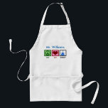 Custom Chemistry Teacher Science Standard Apron<br><div class="desc">If you are a scientist or need a geeky gift for the nerd in your life,  this cute customised design features a peace sign,  heart,  and chemicals in a beaker on a personalised apron for science experiments.</div>