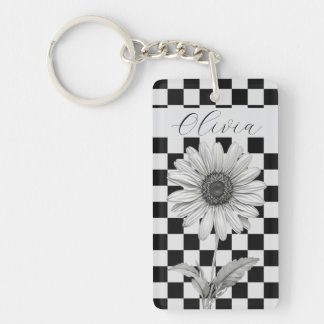Custom Chequerboard Daisy Flower Key Ring