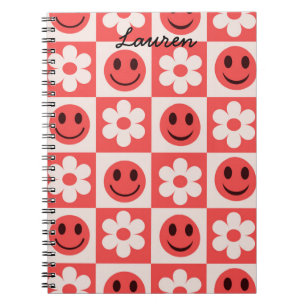 Custom Chequered Flowers and Happy Faces Red Notebook