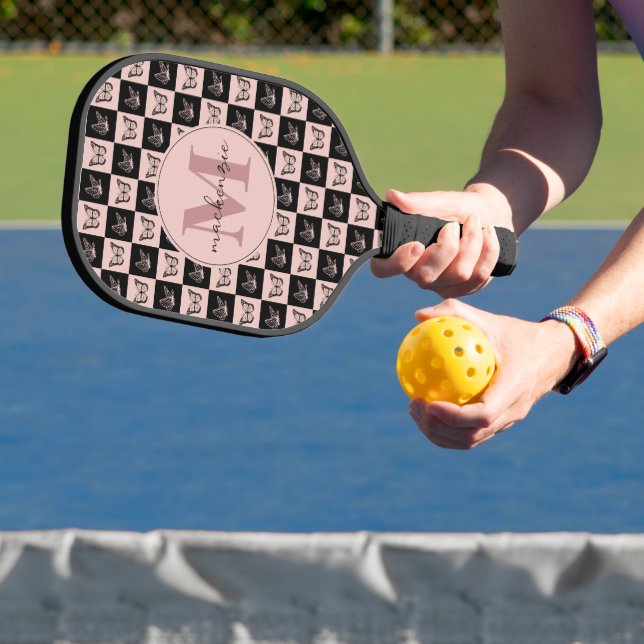 Custom Chequered Pink and Black Butterfly Pattern Pickleball Paddle (Insitu)