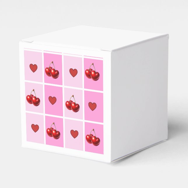 Custom Cherry Heart Checkerboard Pattern Favour Box (Front Side)