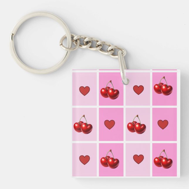 Custom Cherry Heart Checkerboard Pattern Key Ring (Front)