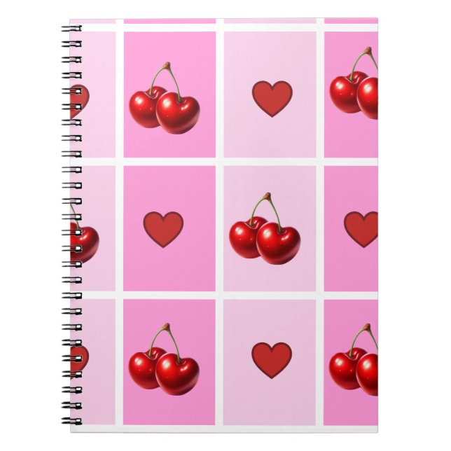 Custom Cherry Heart Checkerboard Pattern Notebook (Front)