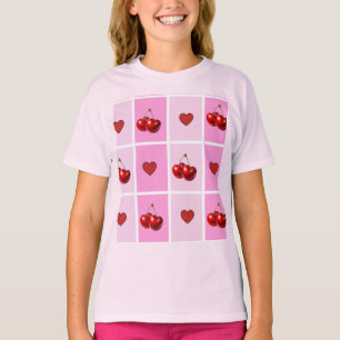 Custom Cherry Heart Checkerboard Pattern T-Shirt