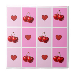 Custom Cherry Heart Checkerboard Pattern Tile